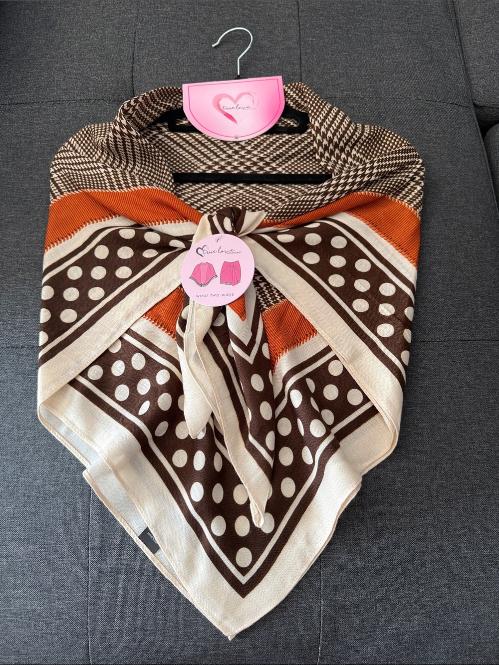 Polka Dot & Stripe Bandana Scarf - Brown, Cream & Orange- true love